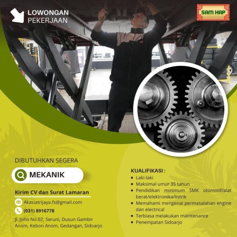 Lowongan Kerja Staf Mekanik CV Akasia Trijaya Sidoarjo
