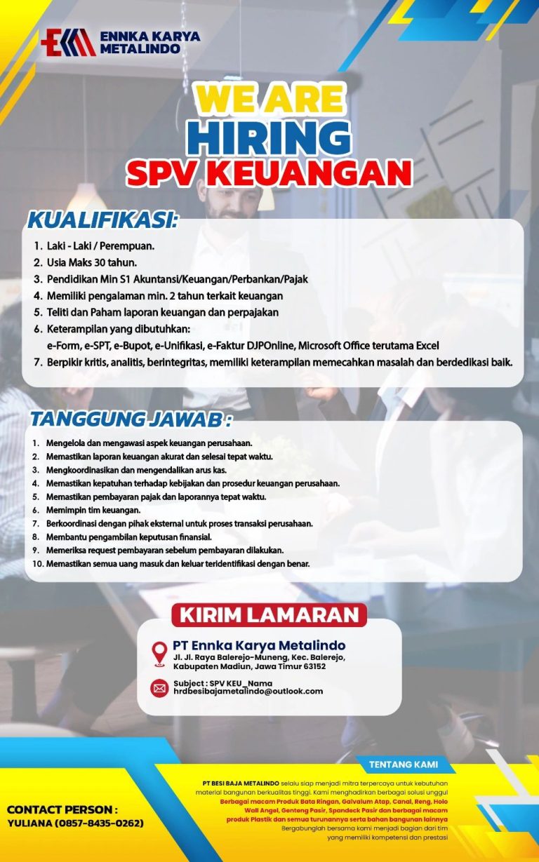 Lowongan Kerja Supervisor Keuangan PT Ennka Karya Metalindo Madiun