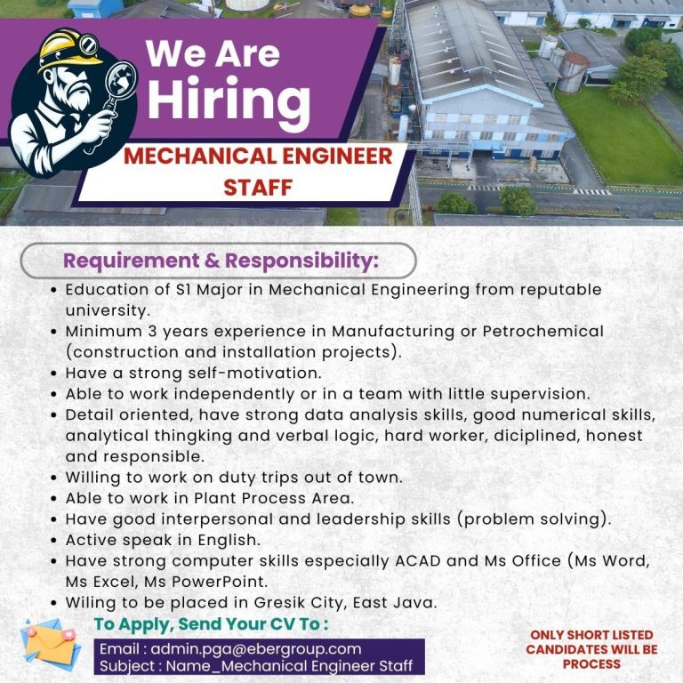 Lowongan Kerja Mechanical Engineering Staff Eber Group Gresik