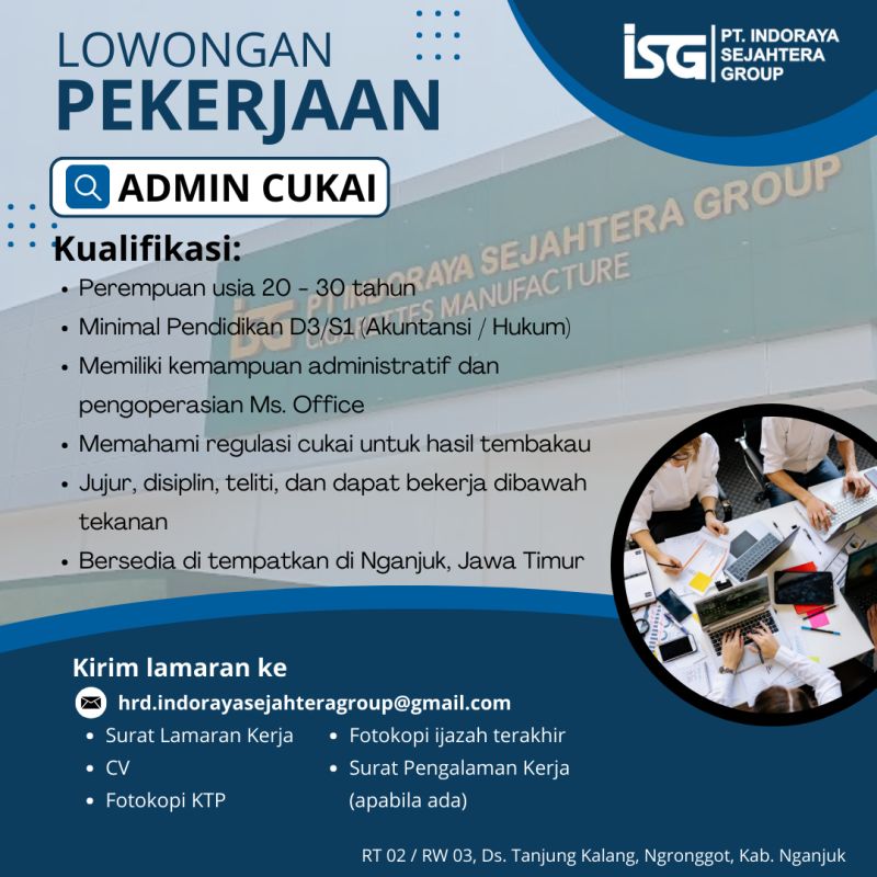 Lowongan Kerja Admin Cukai PT Indoraya Sejahtera Group Nganjuk 
