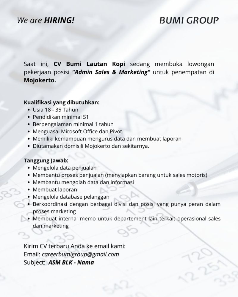 Lowongan Kerja Admin Sales & Marketing CV Bumi Lautan Kopi Mojokerto 