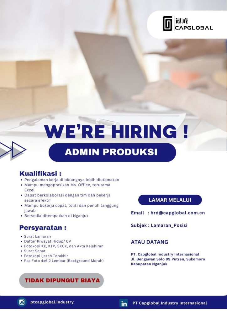 Lowongan Kerja Loker Staf Admin PT Capglobal Industry International Nganjuk