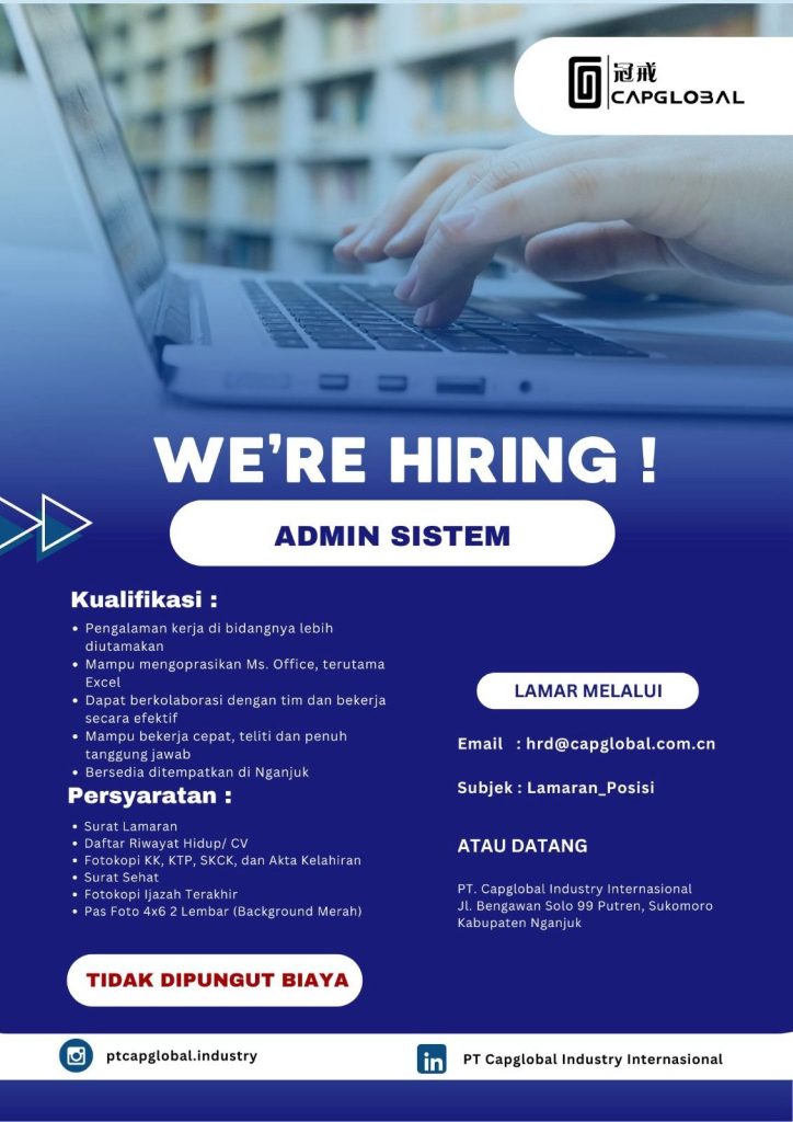Lowongan Kerja Loker Staf Admin PT Capglobal Industry International Nganjuk