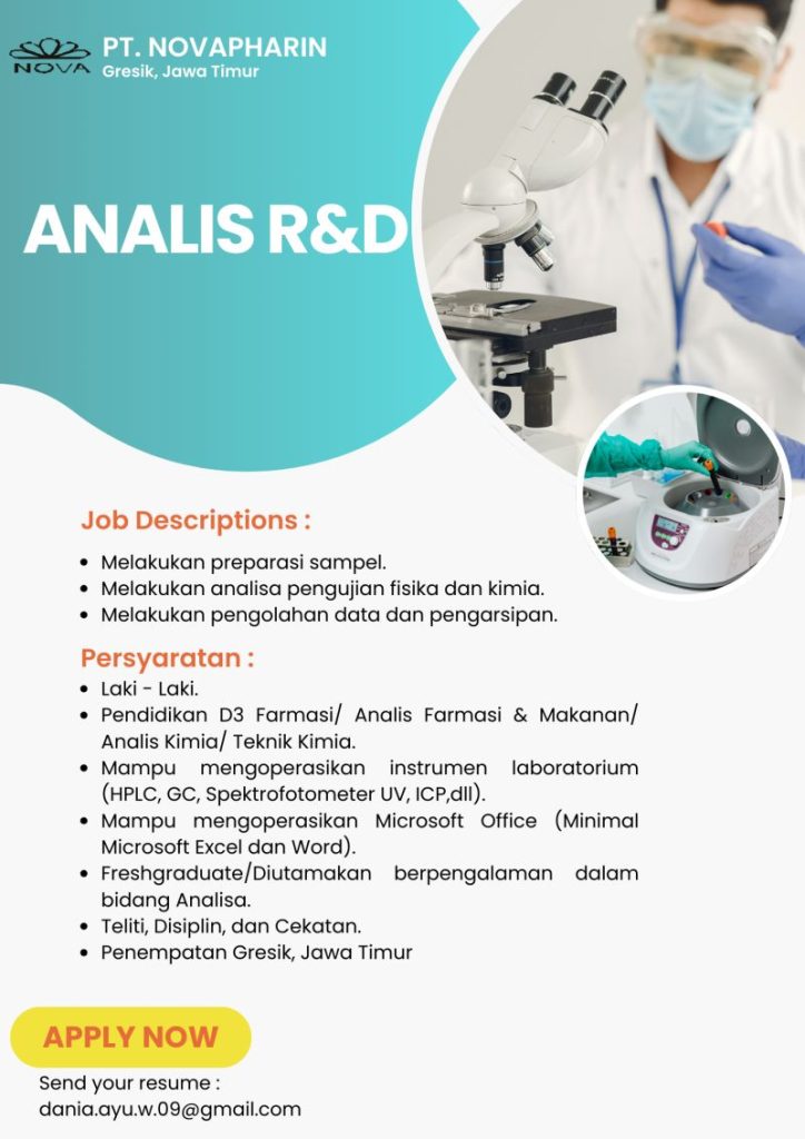 Lowongan Kerja Analis R&D PT Novapharin Pharmaceutical Industries Gresik 