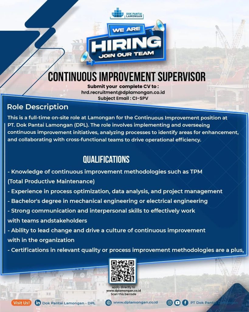 Lowongan Kerja Continuous Improvement Supervisor PT Dok Pantai Lamongan
