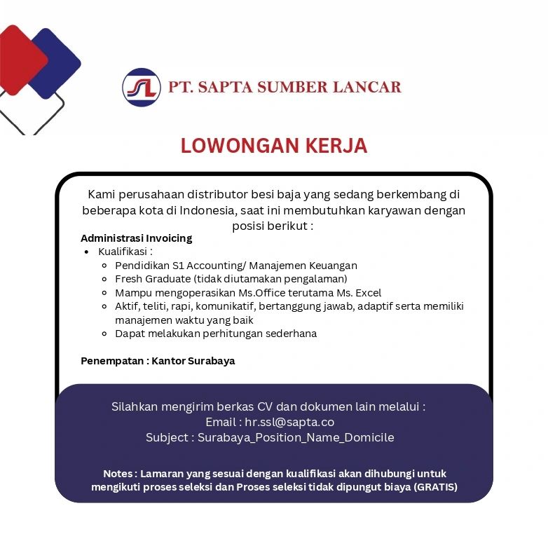 Lowongan Kerja Administrasi Invoicing PT Sapta Sumber Lancar