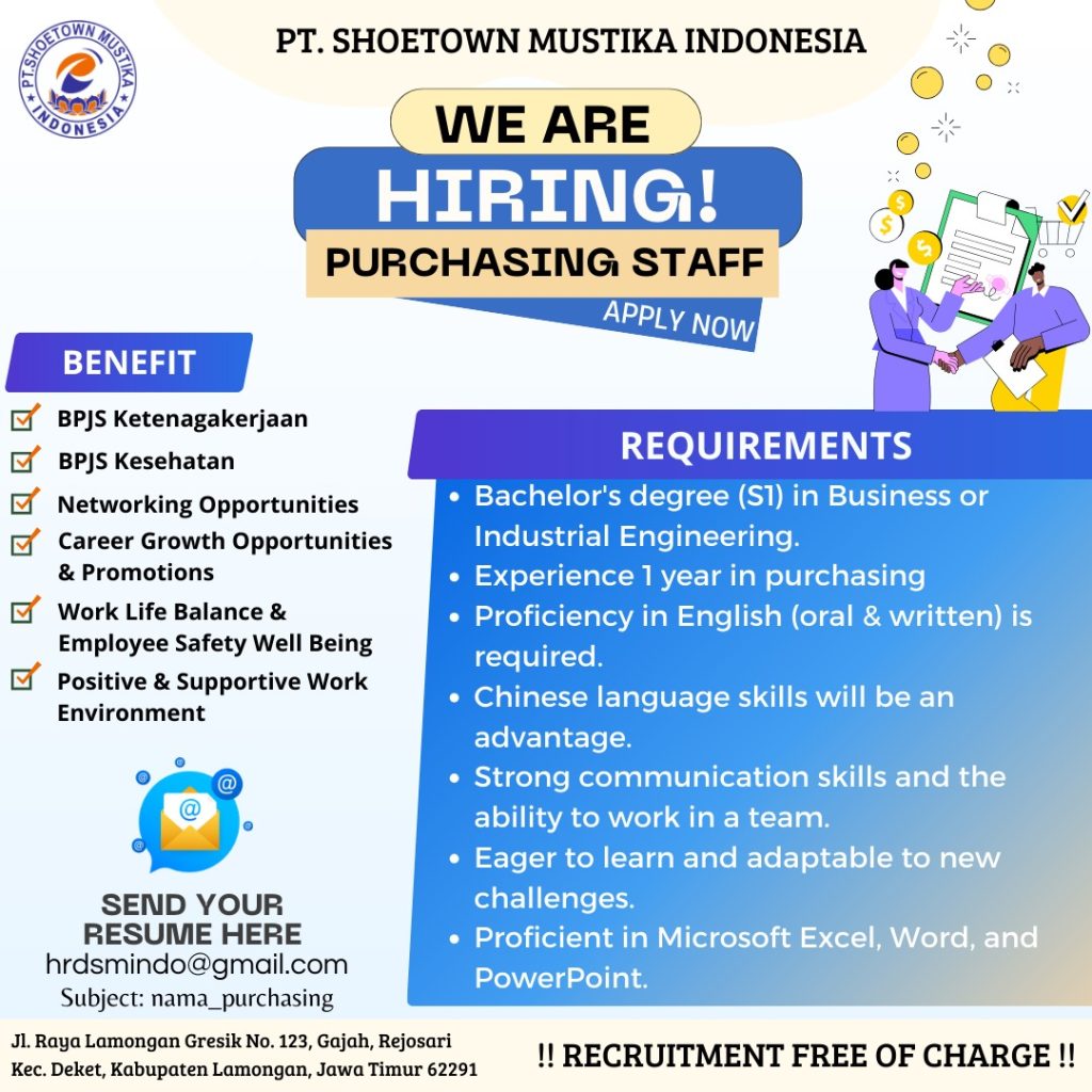 Lowongan Kerja Staff Purchasing PT Shoetown Mustika Indonesia Lamongan