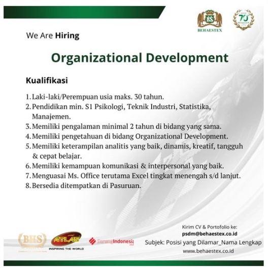 Lowongan Kerja Organizational Development PT Behaestex Pasuruan
