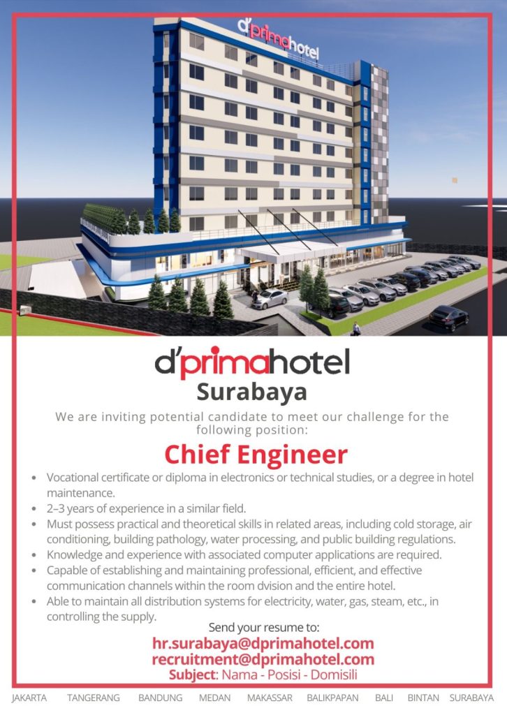 Lowongan Kerja Engineer Attendant & Chief Engineer d'Primahotel Jemursari Surabaya