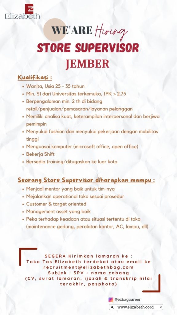 Lowongan Kerja Store Supervisor Elizabeth Jember