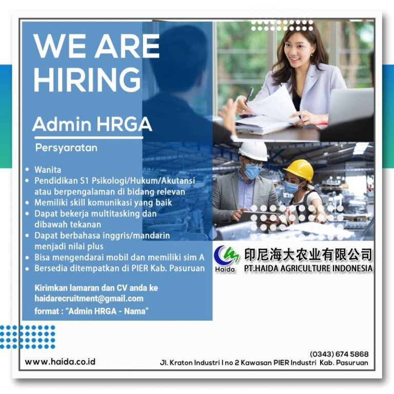 Lowongan Kerja Admin HRGA PT Haida Agriculture Indonesia PIER Pasuruan