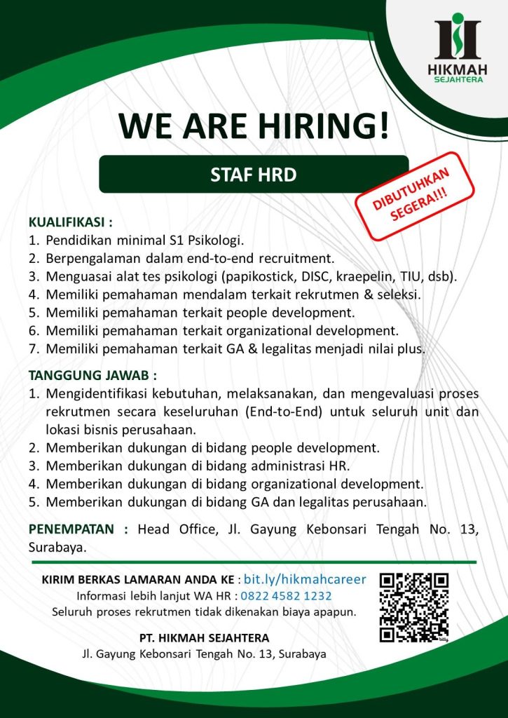 Lowongan Kerja Staf HRD PT Hikmah Sejahtera Surabaya