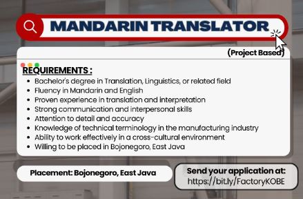 Lowongan Kerja Mandarin Translator dan Maintenance Supervisor PT Kobe Boga Utama Bojonegoro