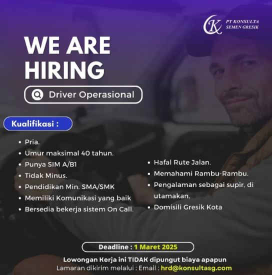 Lowongan Kerja Driver Operasional PT Konsulta Semen Gresik