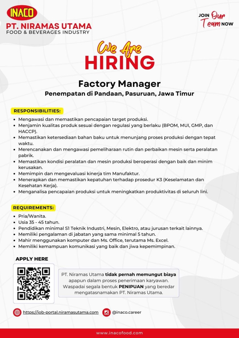 Lowongan Kerja Factory Manager PT Niramas Utama Pasuruan