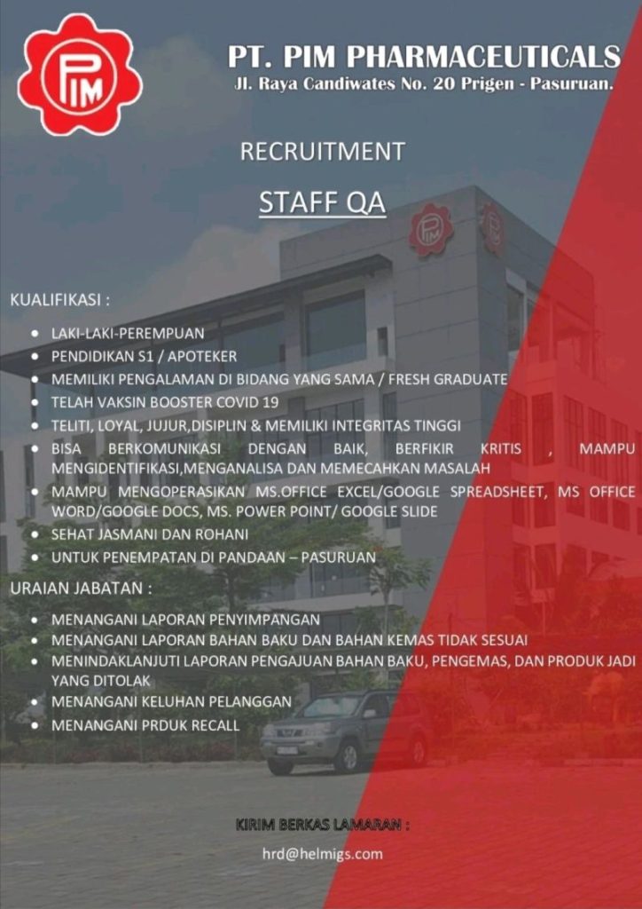 Lowongan Kerja Staff QA PT PIM Pharmaceuticals Pasuruan