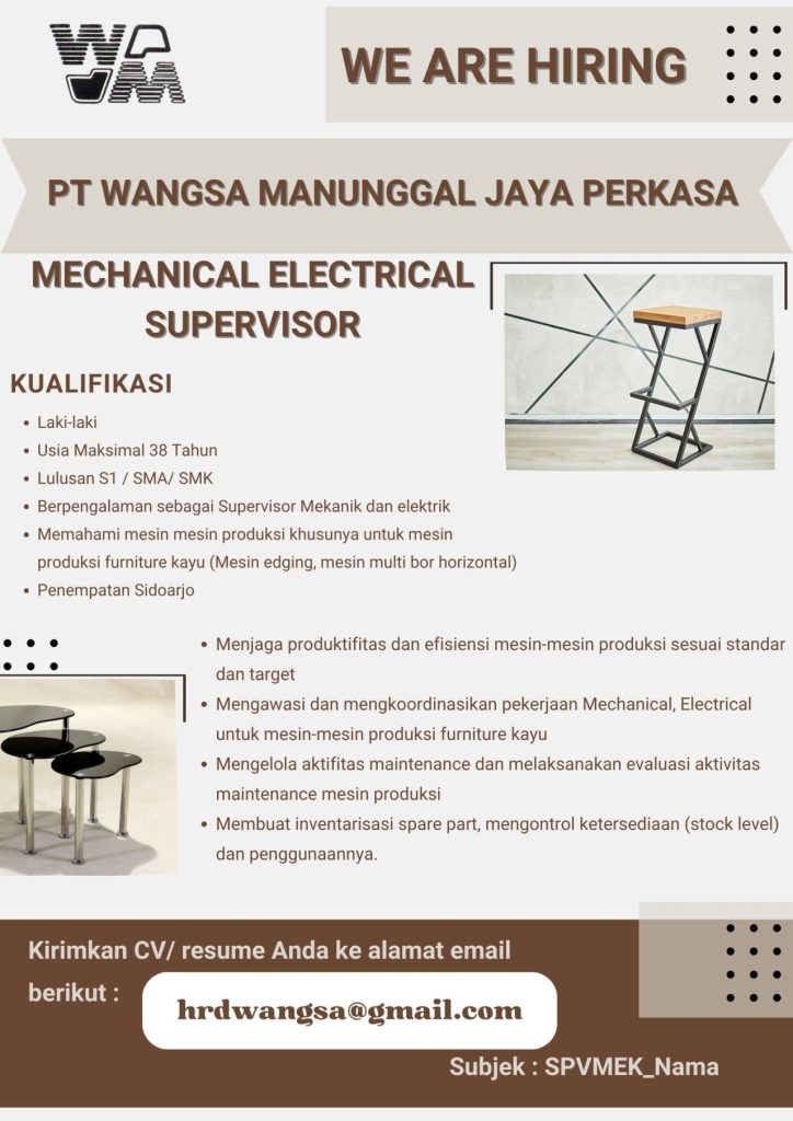 Lowongan Kerja Mechanical Electrical Supervisor PT Wangsa Manunggal Jaya Perkasa Sidoarjo