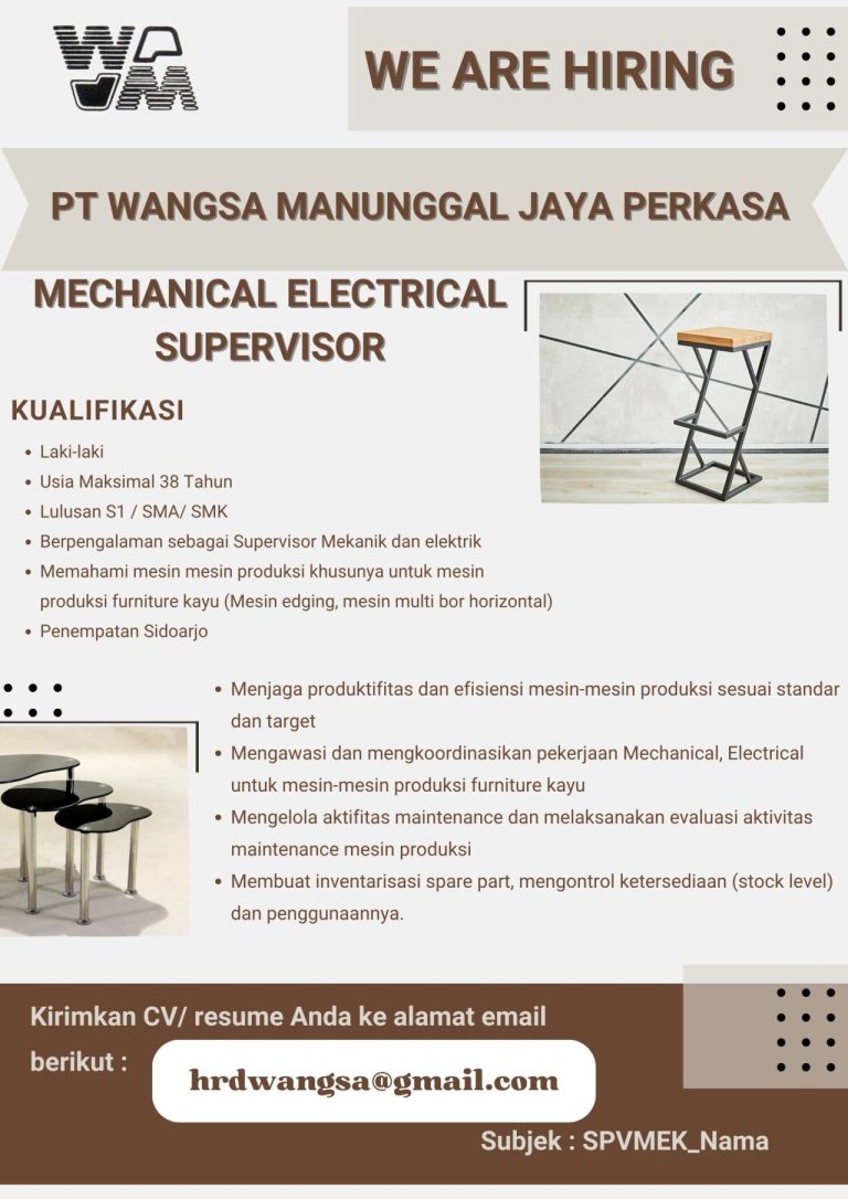 Lowongan Kerja Mechanical Electrical Supervisor PT Wangsa Manunggal Jaya Perkasa Sidoarjo